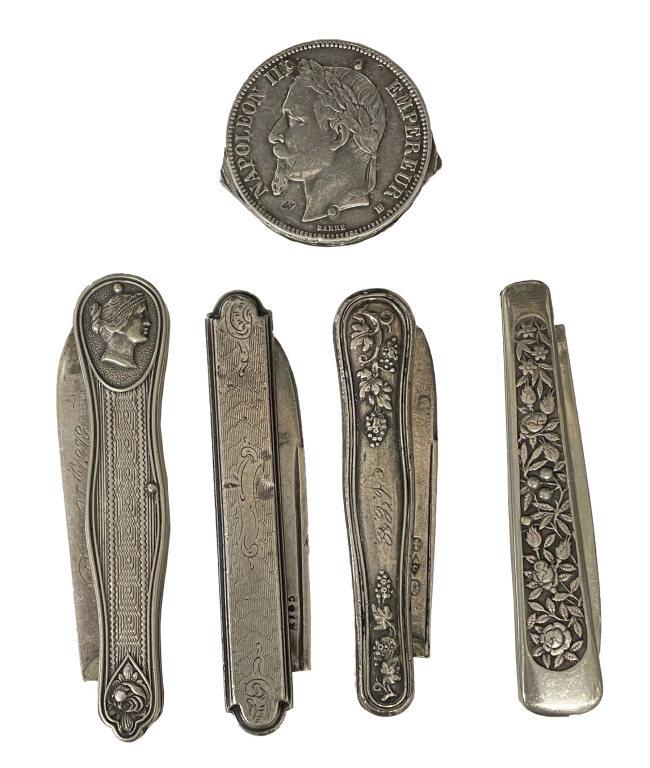 5 STERLING SILVER POCKET KNIVES, THE COIN BY HOFFRITZ, NY OTHERS UNKNOWN , 19THC. (1 of 7)