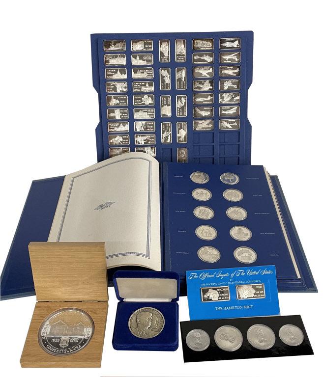 56 OZ. SILVER BARS & MEDALLIONS WITH, PAPER WEIGHTS & OLYMPIC COINS 85 OZ. TOTAL (1 of 8)