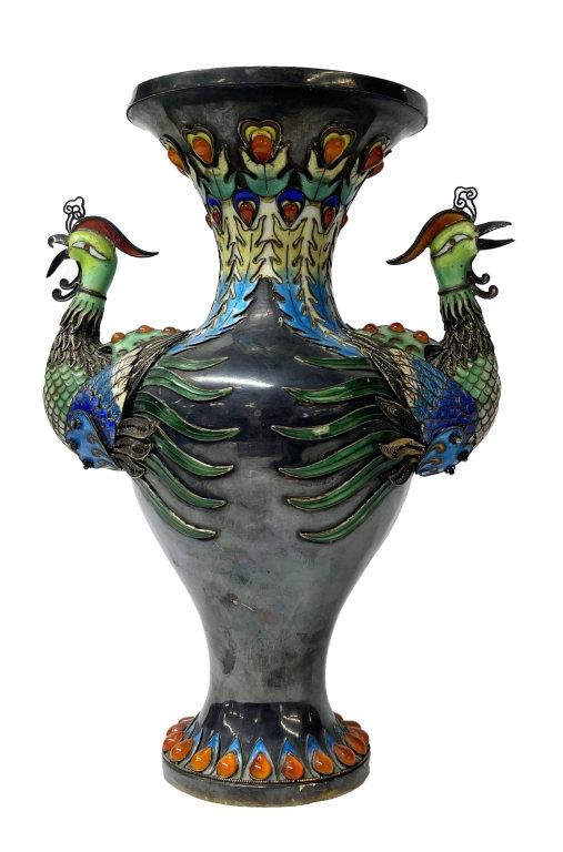 CHINESE ENAMEL DECORATED SILVER VASE PEACOCK HANDLES 8 1/2' TALL APPROX. 15.6 TROY OZ (1 of 5)