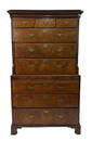 EARLY 18THC. GEO II WALNUT VENEERED CHEST ON CHEST ORIGINAL BRASS (72" TALL X 40" WIDE X 22" DEEP)