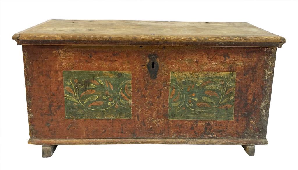 18THC. PAINT DECORATED SHOE FOOT BLANKET CHEST SEE "REMEMBERANCE OF PATRRIA" P. 270 - 271 FOR (1 of 5)