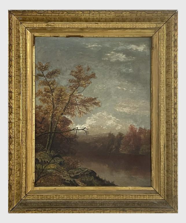 19THC. AMERICAN SCHOOL RIVER SCENE ON NYC CANVAS UNSIGNED (18" X 14") (1 of 4)