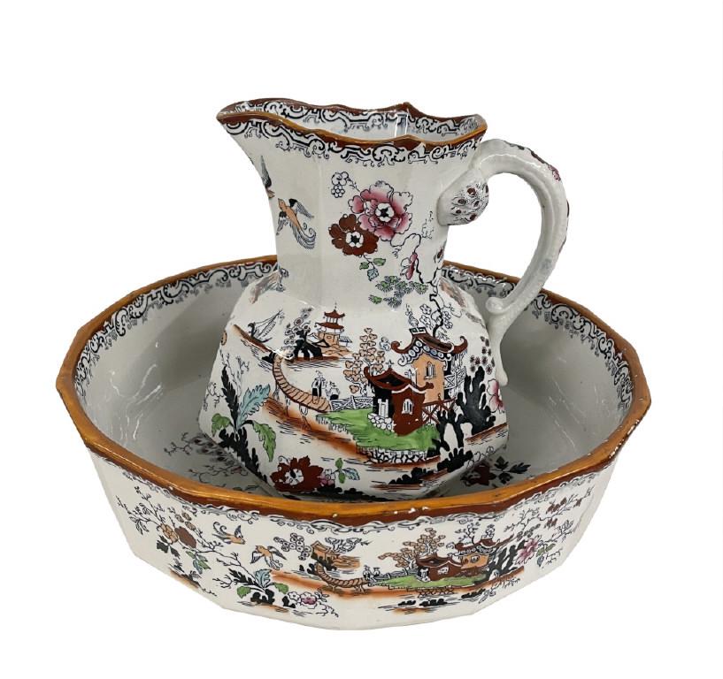 MASONS IRONSTONE PITCHER & BOWL SET 16" DIAM , CHIP ON LIP OF BOWL