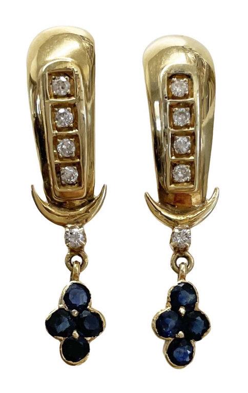PR OF 14KT YELLOW GOLD EARRING W/ DIAMONDS & BLUE STONES APPROX. 3.8 DWT (1 of 4)