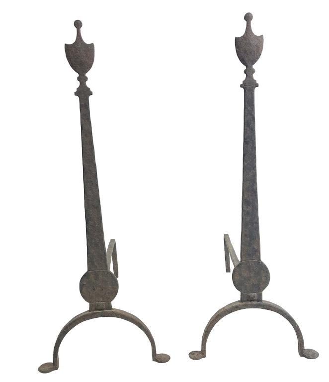 HAND FORGED ANDIRONS WITH PENNY FEET & WASHINGTON URN FINIALS C. 1810 25 1/2" TALL (1 of 5)