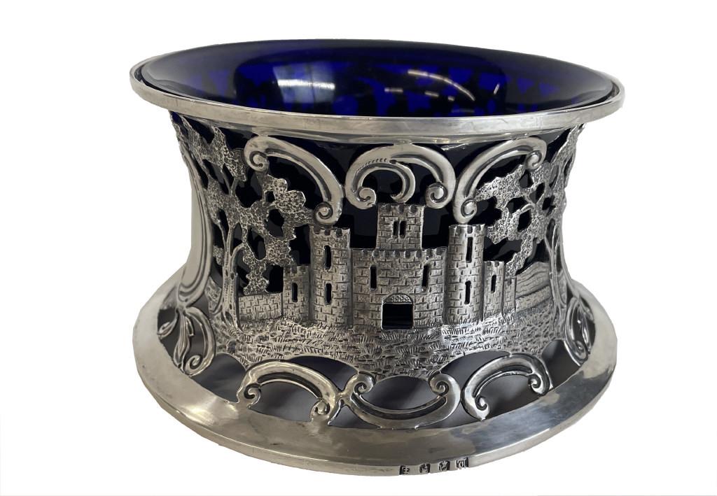EARLY GEORGIAN IRISH HALLMARKED STERLING STAND WITH COBALT GLASS LINER 6 3/4" DIAM X 3 3/4" TALL (1 of 6)