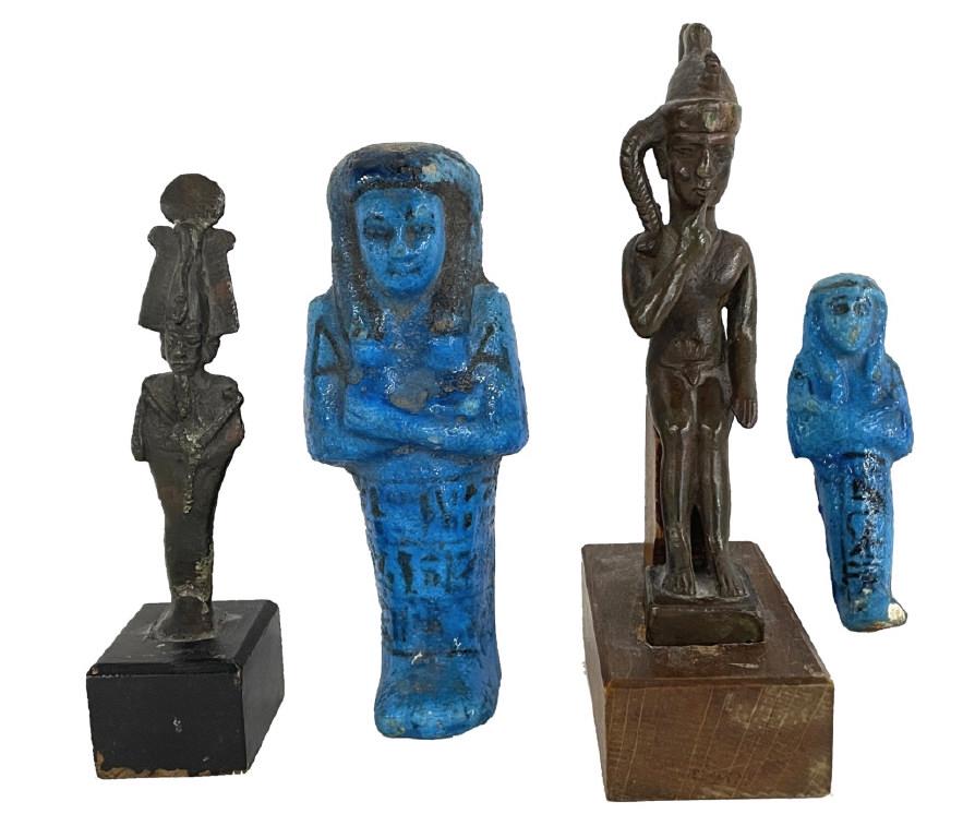 4 PC. EGYPTIAN ANTIQUITIES, 2 BRONZE & 2 FAIENCE OR CLAY SHABTI OR USHABTI LARGEST 6" TALL (1 of 15)