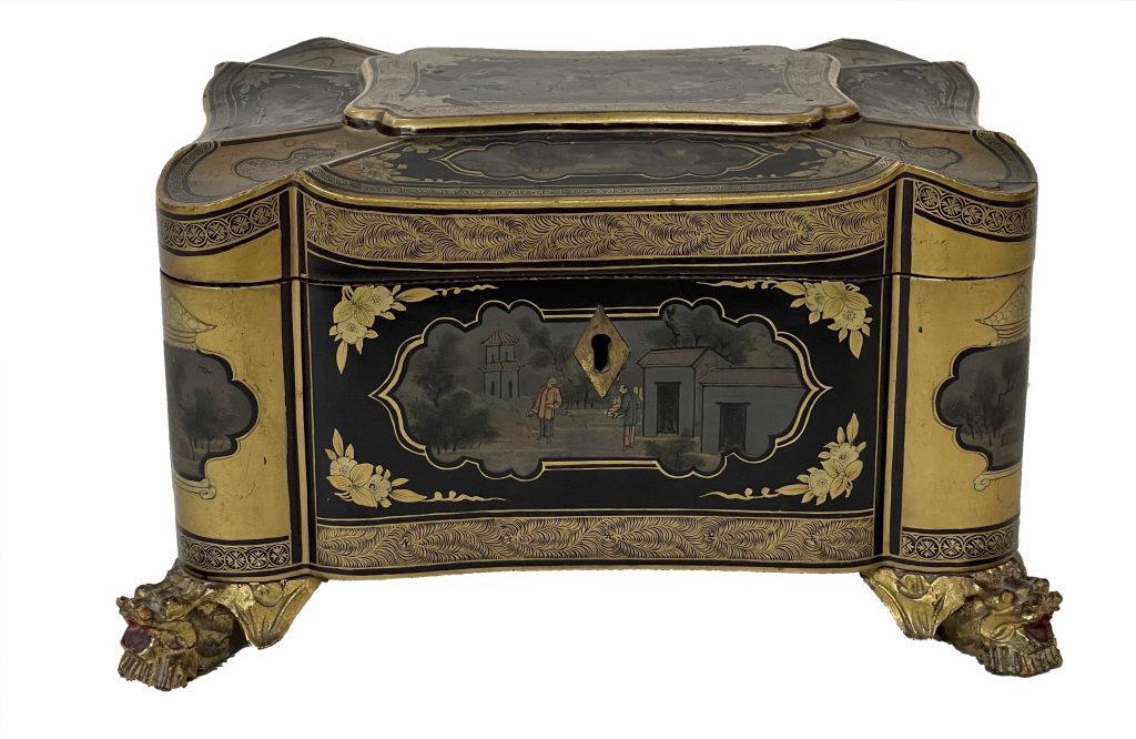 19THC. LACQUER DECORATED PEWTER LINED TEA CADDY CARVED FOO DOG FEET (5 1/2" T X 9 1/2" W X 7 3/4") (1 of 9)