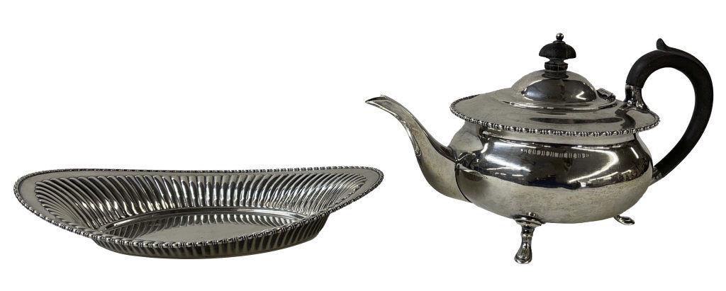 ENGLISH STERLING SILVER TEAPOT & STERL. BUN TRAY 10 3/4" LONG APPROX, 25 TROY OZ (1 of 8)