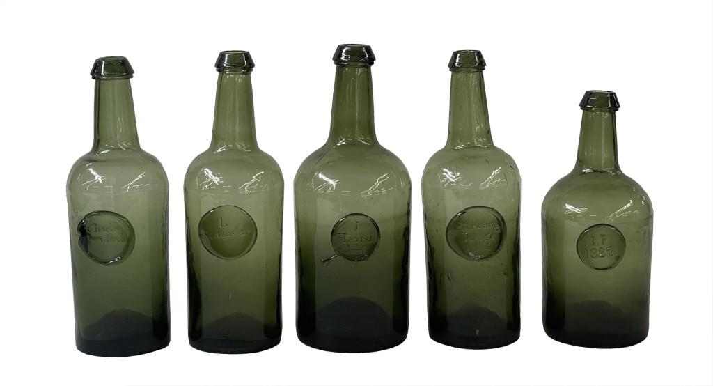 5 EARLY 19THC. SEAL BOTTLES IN MEDIUM  GREEN, PROB BRISTOL GLASS WORKS, 1 DATED 1822, CHAS. (1 of 12)