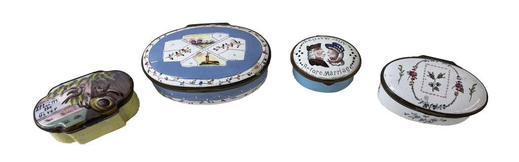 4 ENGLISH ENAMEL PATCH BOXES, LONGEST 3" (1 of 12)