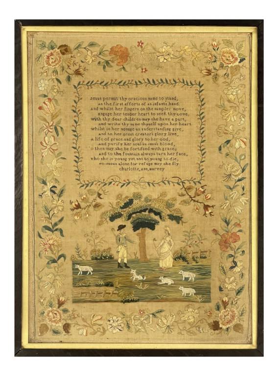 C.1800 ENGLISH SAMPLER, FLORAL, LANDSCAPE, FIGURES & SHEEP WITH POEM (18 3/4" X 13 1/2" ) (1 of 9)