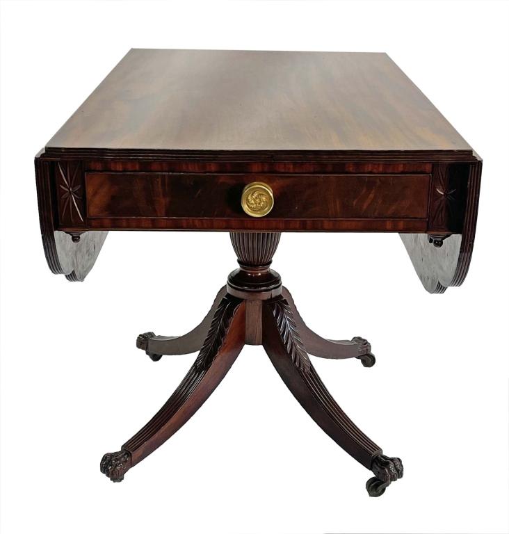 IMPT DUNCAN PHYFE DROPLEAF TABLE WITH PAW FEET CARVED LEGS, REEDED URN PROV. ISRAEL SACK, 28 1/2": IMPT DUNCAN PHYFE DROPLEAF TABLE WITH PAW FEET CARVED LEGS, REEDED URN PROV. ISRAEL SACK, 28 1/2" TALL
