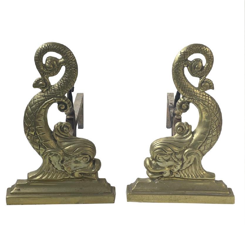 PR OF CAST BRASS DOLPHIN ANDIRONS W/ FIGURAL LOG STOPS (15" TALL X 20" DEEP) (1 of 4)