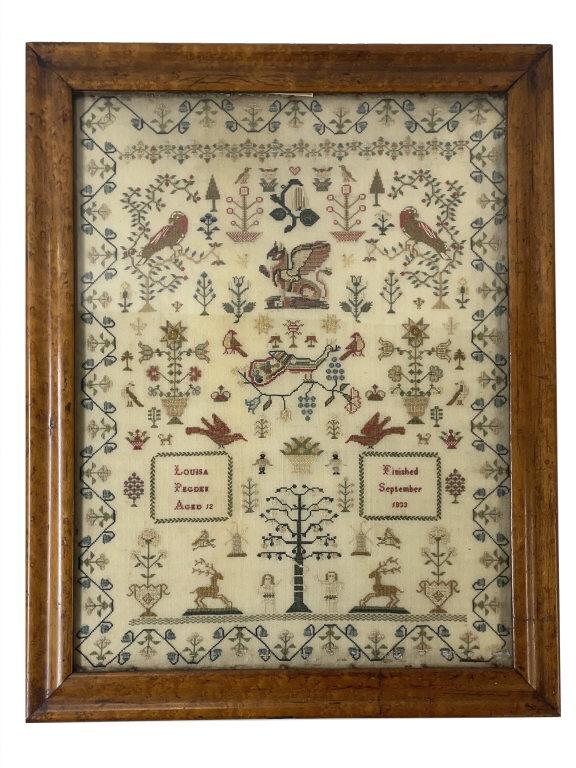 1833 NEEDLEWORK SAMPLER, ADAM & EVE, PARROTS & GRIFFIN, ETC. (17" X 13" (1 of 6)