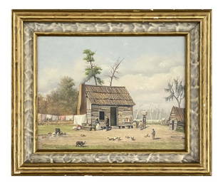 WILLIAM AIKEN WALKER "CABIN SCENE" OIL / BOARD (1839 - 1921) SIGNED LOWER LEFT (9" X 11 1/2" SIGHT