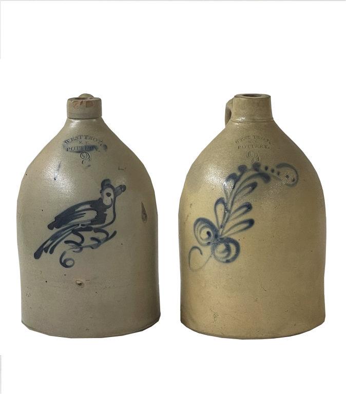 2 WEST TROY 2 GAL. JUGS W/ COBALT BLUE DECORATION 1 BIRD & 1 STYLIZED FLORAL, MINOR CHIPS (1 of 9)