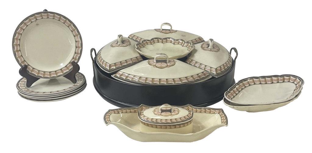 18THC. DECORATED CREAMWARE INC. SET OF 4 DISHES W/ COVERS, COMPOTE, 2 OVAL SERVING DISHES, 6 PLATES, (1 of 6)