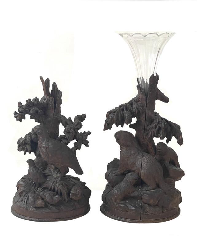 PR OF CARVED BLACK FOREST FIGURAL VASE HOLDERS PARTRIDGE & BEAVER,  ONLY 1 GLASS VASE (16 1/2" TALL (1 of 7)