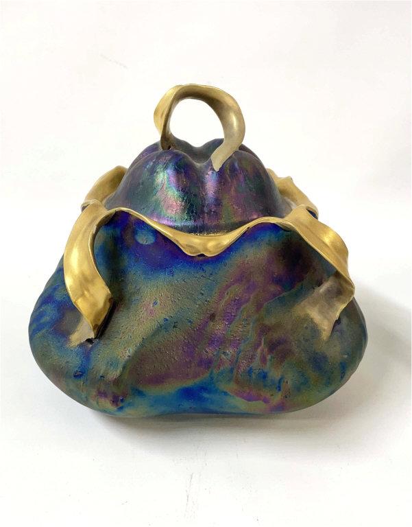 CARLSBAD AUSTRIAN BISCUIT JAR, IRIDESCENT GLAZE 6 1/2" X 8" (1 of 6)