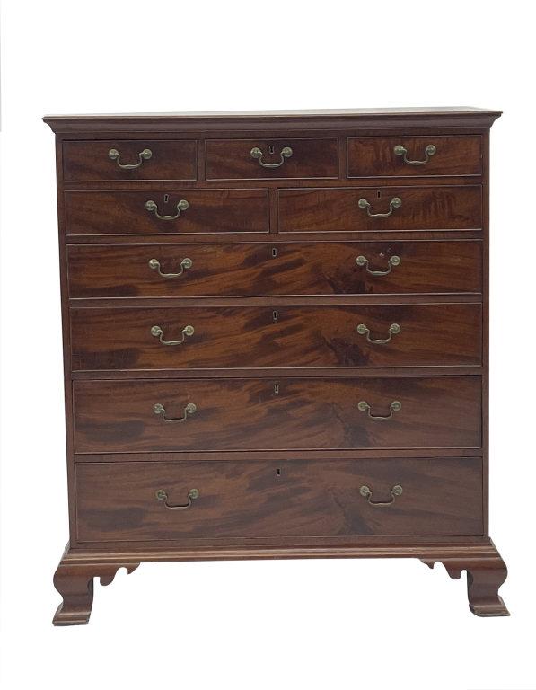6 DRAWER MAHOGANY CHIPPENDALE TALL CHEST , C. 1780 OGEE BRACKET FEET (51" TALL X 42" WIDE X 20" (1 of 10)