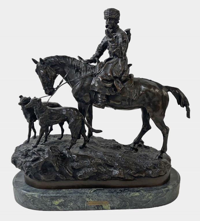 RUSSIAN BRONZE FIGURE OF A HORSEMAN & HOUNDS SGND IN CYRILLIC (17 1/2" X 16 3/4" LONG  X 8" WIDE) (1 of 7)