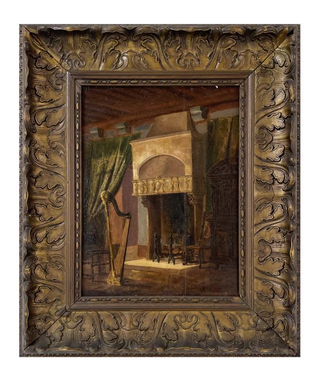 OIL / PANEL SGND F.H. SHAPLEIGH "INTERIOR W/ HARP" (1842 - 1906)  10 3/4" X 8" (1 of 5)