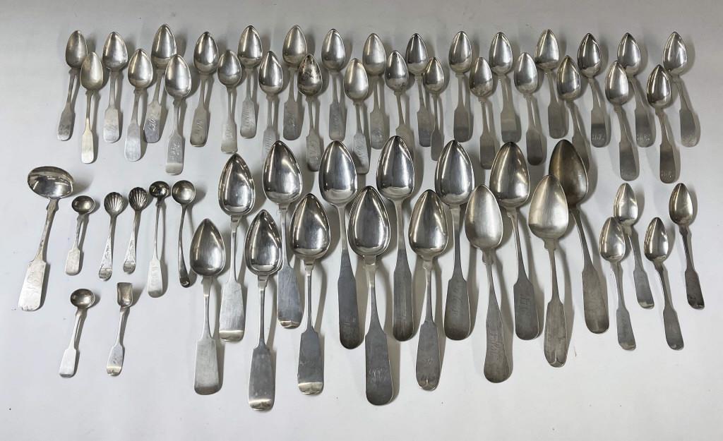 LG GROUP OF AMERICAN 19THC. COIN SILVER INC. SALT TEA, LADIES & TABLE SPOONS, OVER 50 IN ALL APPROX. (1 of 7)