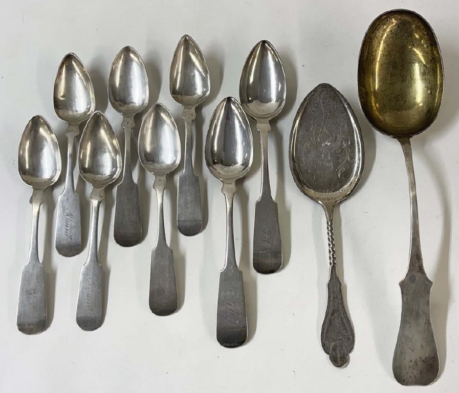 13" STUFFING SPOON, 2 TABLESPOONS OF NYC MAKER, SPATULA BY WILSON, PHILDA & 6 TABLESPOONS APPROX. 16: 13" STUFFING SPOON, 2 TABLESPOONS OF NYC MAKER, SPATULA BY WILSON, PHILDA & 6 TABLESPOONS APPROX. 16 TROY OZ