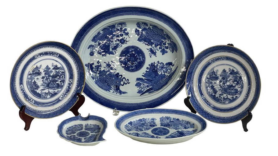 BLUE FITZHUGH 17" PLATTER, OVAL PLATE & SPOON REST & 2 10" NANKING
