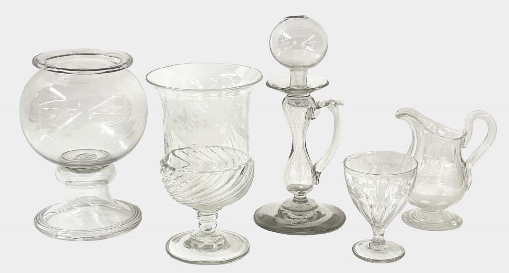 5 PCS EARLY BLOWN GLASS INC. LACE MAKERS LAMP, CELERY VASE, CREAM POT, RUMMER & LEECH JAR OR BOWL , (1 of 8)
