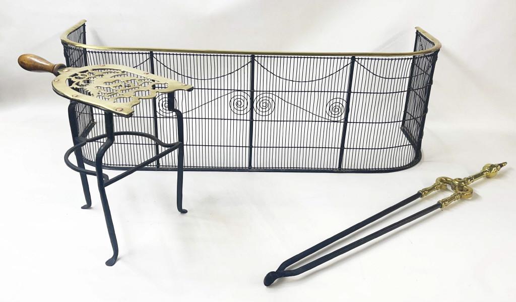 BRASS & WIRE FIRE FENDER , TRIVET & TONGS FENDER 36 3/4" WIDE (1 of 7)