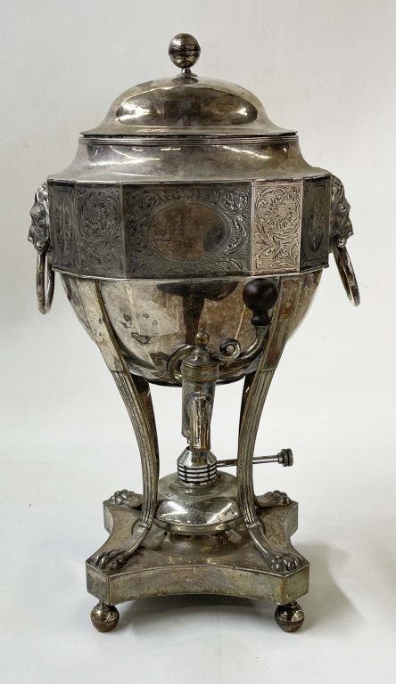 PERIOD SHEFFIELD SILVER ON COPPER HOT WATER URN EARLY 19THC. WITH LION MASK HANDLES & BRIGHT WORK (1 of 5)