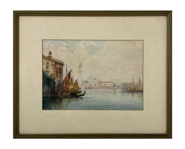 ITALIAN WATERCOLOR SIGNED BASINELLI "VENICE CANAL" DOLGES PALACE (7" X