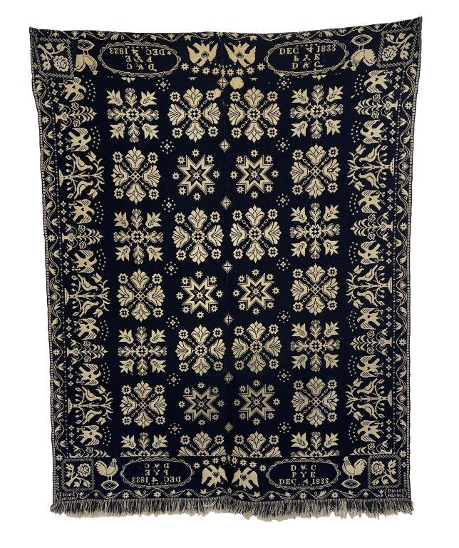 1833 BLUE & WHITE COVERLETTE W/ EAGLES, LOVE BIRDS ROOSTERS & SIGNED DAVID HARING: 1833 BLUE & WHITE COVERLETTE W/ EAGLES, LOVE BIRDS ROOSTERS & SIGNED DAVID HARING