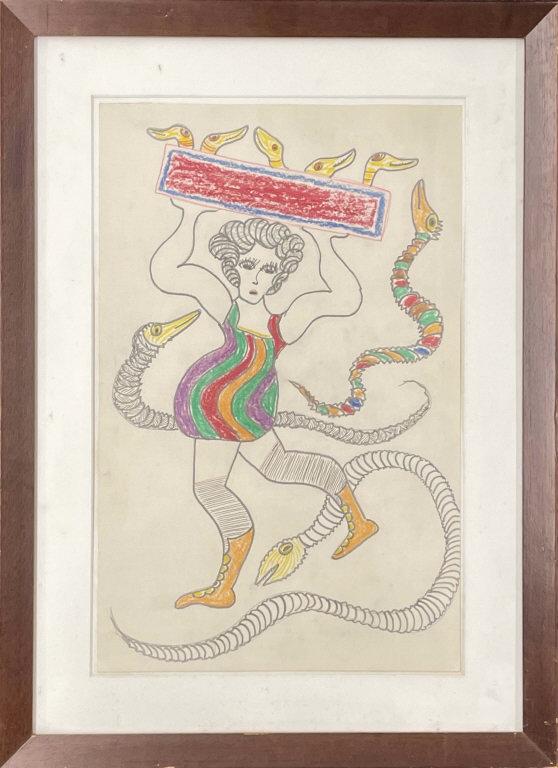 MIXED MEDIA "FEMALE WRESTLER" BY LEWIS SMITH (1907 - 1998) FOLK ART 16 3/4" X 11" (1 of 2)