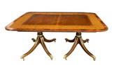 DOUBLE PEDESTAL MAHOGANY DINING TABLE & 3 LEAVES BANDED TOP WITH PENWORK DESIGN, 20THC. (48" X 68"