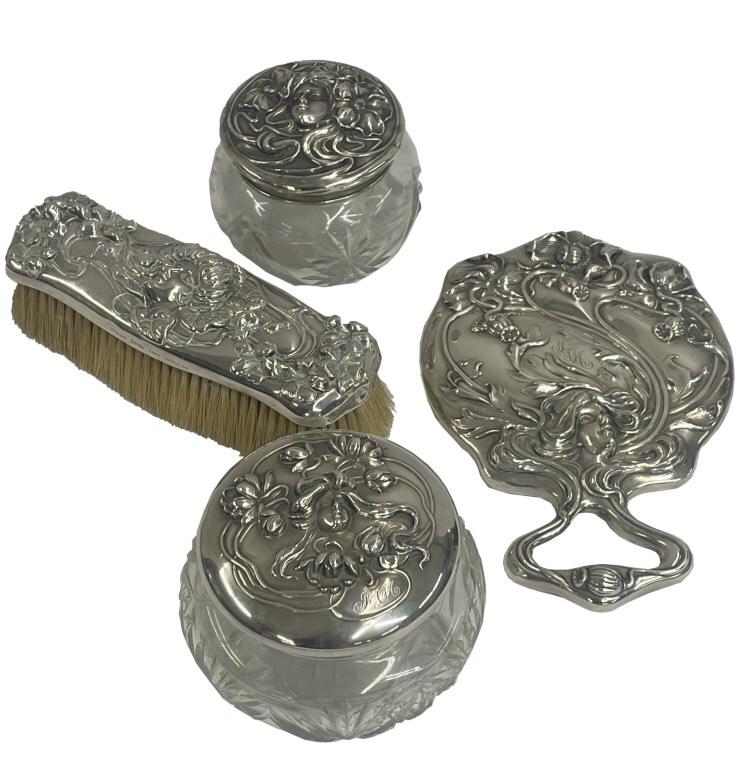 4 PIECE STERLING DRESSER SET INC. 2 CRYSTAL JARS BRUSH & MIRROR (1 of 10)
