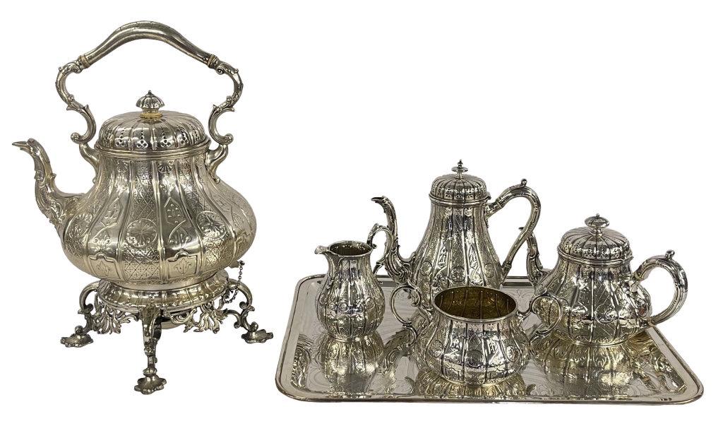 STERLING SILVER TEA  & COFFEE SERVICE WITH MATCHING SHEFFIELD HOT WATER KETTLE, C. 1860 (1 of 16)