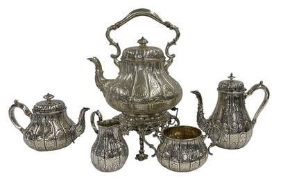 STERLING SILVER TEA  & COFFEE SERVICE WITH MATCHING SHEFFIELD HOT WATER KETTLE, C. 1860