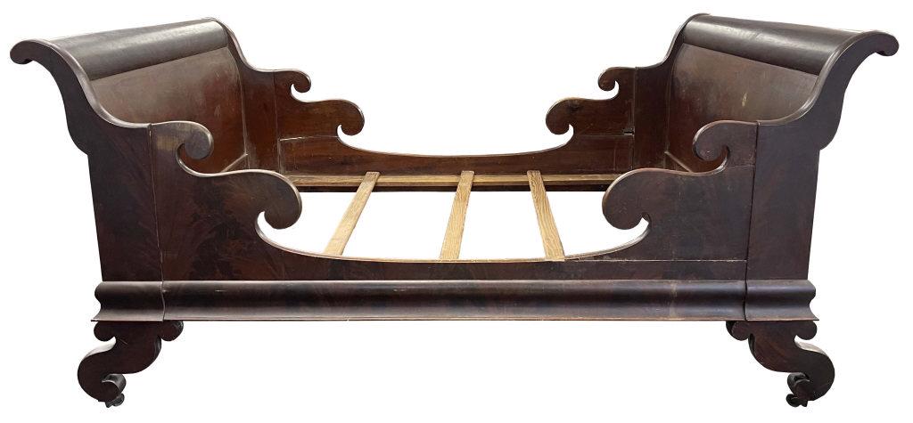 MAHOGANY SLEIGH BED, 92 1/2" LONG X 57 3/4" X 43 1/2' TALL OVERALL (MATTRESS 74" X 53") (1 of 8)