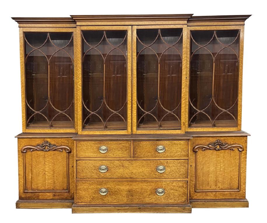 BIRDS EYE MAPLE BREAKFRONT W/ 4 GLAZED DOORS OVER DRAWERS & CABINETS BELOW IN 2 SECTIONS (76 1/2" X (1 of 8)