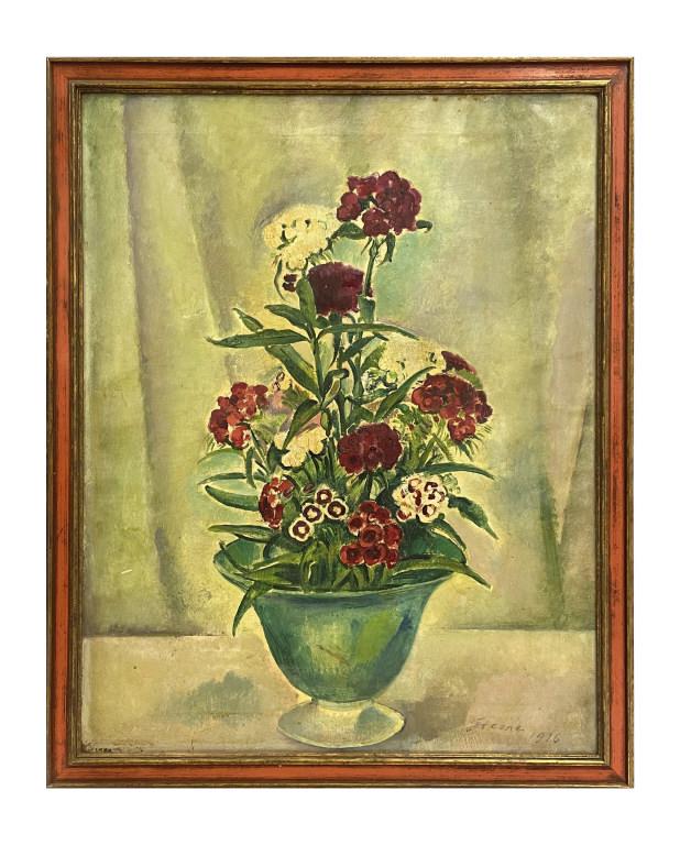 OIL / CANVAS, MAURICE STERNE "STILL LIFE FLOWERS" SIGNED STERNE, 1916 (28 1/4" X 22"): OIL / CANVAS, MAURICE STERNE "STILL LIFE FLOWERS" SIGNED STERNE, 1916 (28 1/4" X 22")