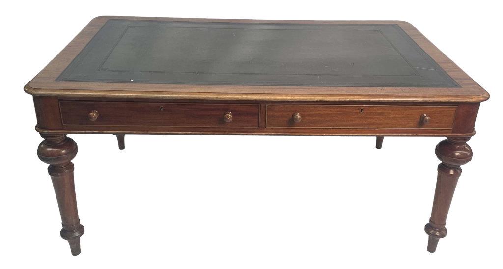 19THC. ENGLISH MAHOGANY LEATHER TOP LIBRARY TABLE WITH 4 DRAWERS (30" X 65 1/2" X 41 1/2" ) (1 of 8)