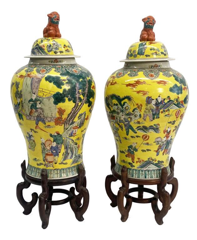 PR OF HAND PAINTED 20THC. PORCELAIN TEMPLE JARS 32 3/4" TALL X 16" WIDE (42" TALL ON STAND) (1 of 14)