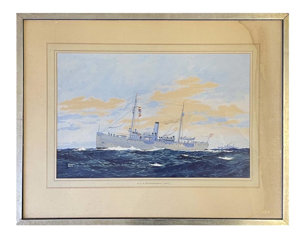 GOUACHE BY WORDEN WOOD "USS ANDROSCOGGIN" 1917 (13 1/4" X 20 1/2" )SITE SIZE: GOUACHE BY WORDEN WOOD "USS ANDROSCOGGIN" 1917 (13 1/4" X 20 1/2" )SITE SIZE