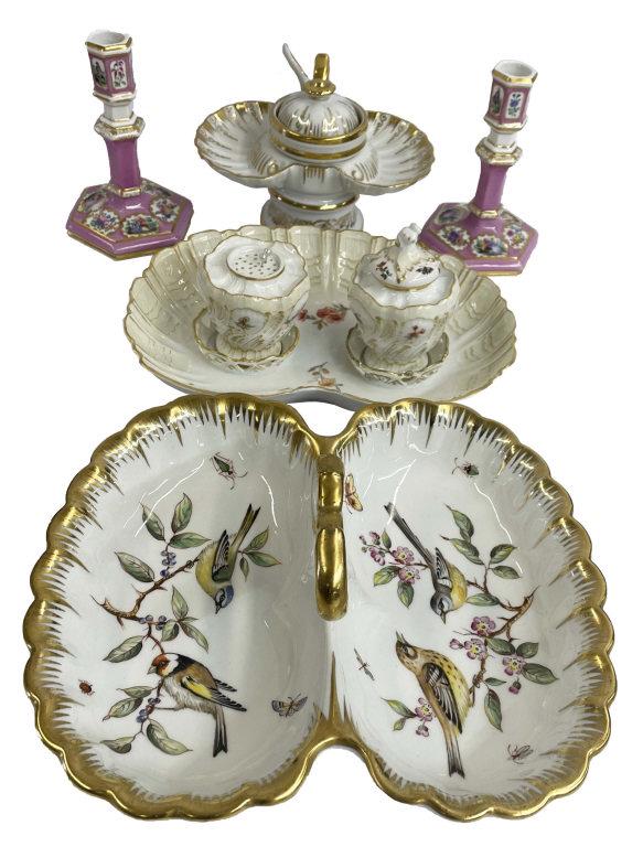 GROUP OF KPM PORCELAIN INC. CONDIMENT DISH, DIVIDED DISH, CANDLESTICKS & DRESSER PIECE (1 of 10)