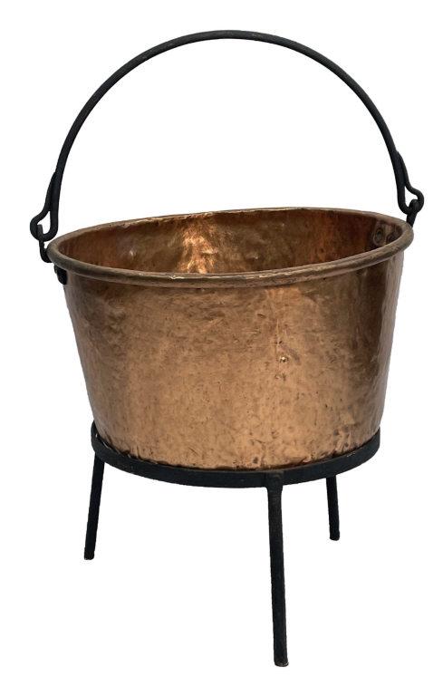 MASSIVE COPPER APPLE BUTTER CAULDRON WROUGHT IRON HANDLES & STAND 46" TALL W/ HANDLE UP 28 3/4" WIDE (1 of 5)