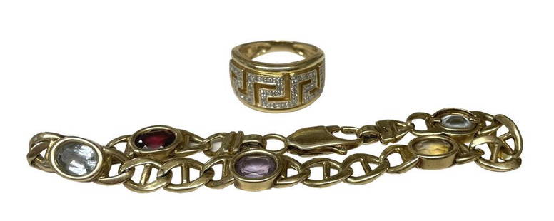 14KT GOLD RING W/ DIAMONDS & 14KT GOLD BRACELET WITH 5 SEMI PRECIOUS STONES 14.2 DWT: 14KT GOLD RING W/ DIAMONDS & 14KT GOLD BRACELET WITH 5 SEMI PRECIOUS STONES 14.2 DWT