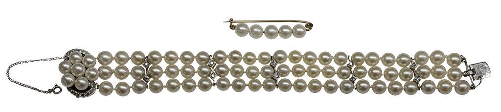 TRIPLE STRAND PEARL BRACELET WITH DIAMOND CLASP WHITE GOLD W/ EXTRA PEARLS (PEARLS APPROX. 6.5 MM): TRIPLE STRAND PEARL BRACELET WITH DIAMOND CLASP WHITE GOLD W/ EXTRA PEARLS (PEARLS APPROX. 6.5 MM)